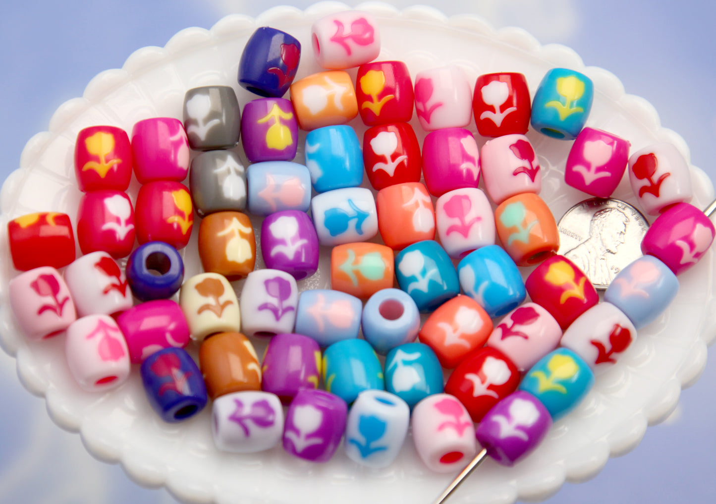 Cute Tulip Beads - 60 pieces - 12mm Adorable Inlaid Flowers Large Hole Plastic Beads or Acrylic Beads