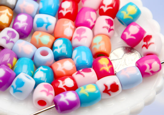 Cute Tulip Beads - 60 pieces - 12mm Adorable Inlaid Flowers Large Hole Plastic Beads or Acrylic Beads