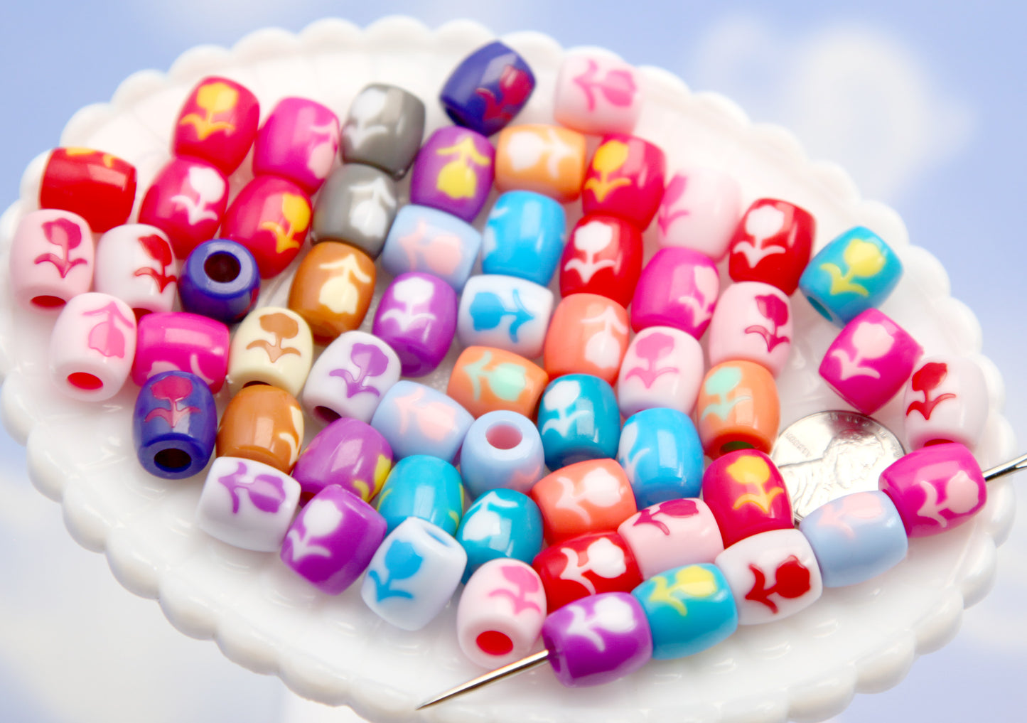 Cute Tulip Beads - 60 pieces - 12mm Adorable Inlaid Flowers Large Hole Plastic Beads or Acrylic Beads