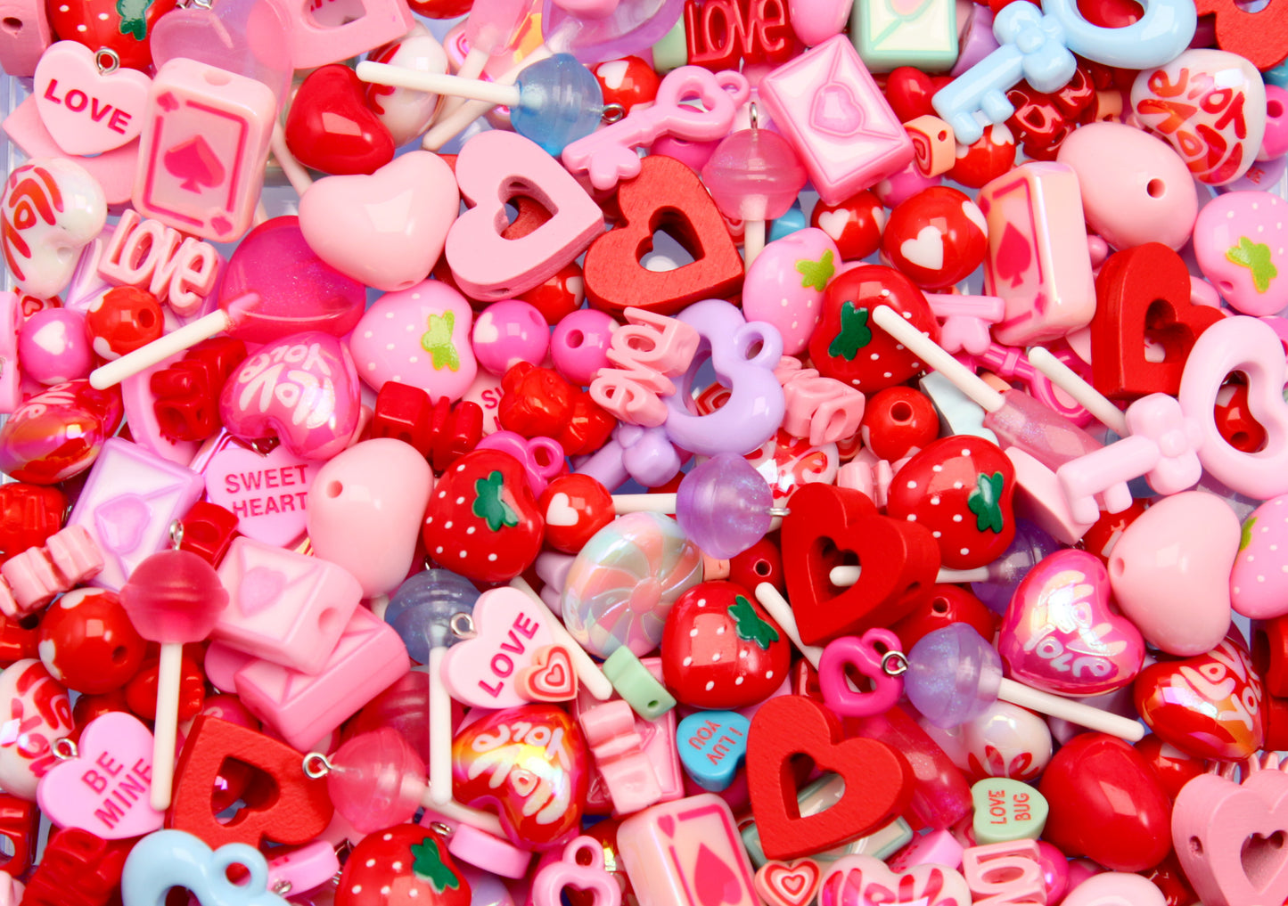 Valentine's Day Charms and Beads Grab Bag - 25 to 100 pcs - Bead Soup - Cute Mixed Lot of Charms - for kandi, ispy, sensory crafts, jewelry