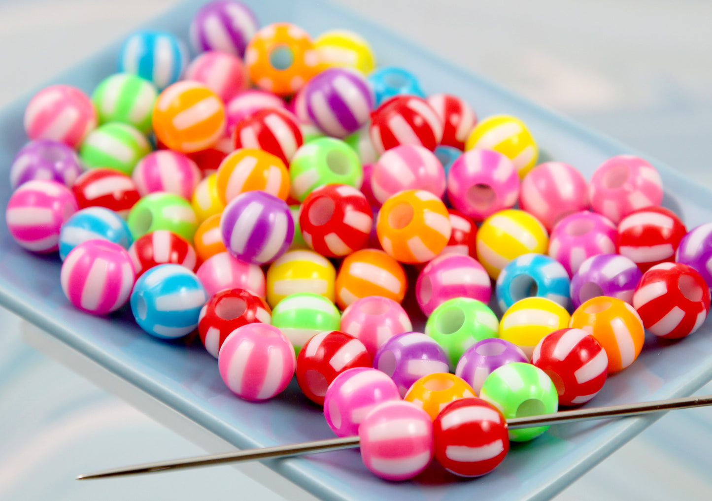 Striped Beads - 75 pieces - 12mm Bright Color Watermelon Stripe Plastic Beads with Large Holes, mixed color, Acrylic Beads