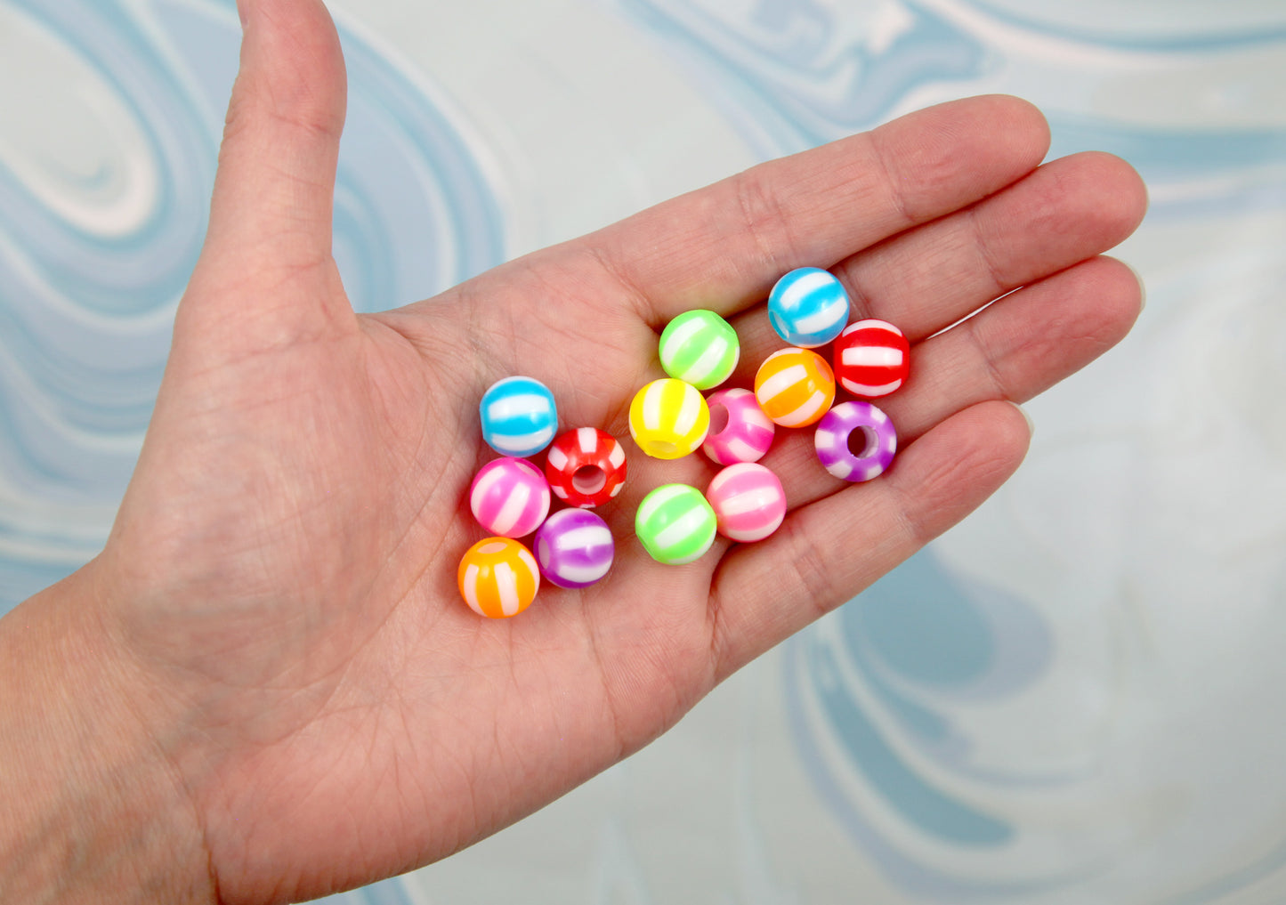 Striped Beads - 75 pieces - 12mm Bright Color Watermelon Stripe Plastic Beads with Large Holes, mixed color, Acrylic Beads