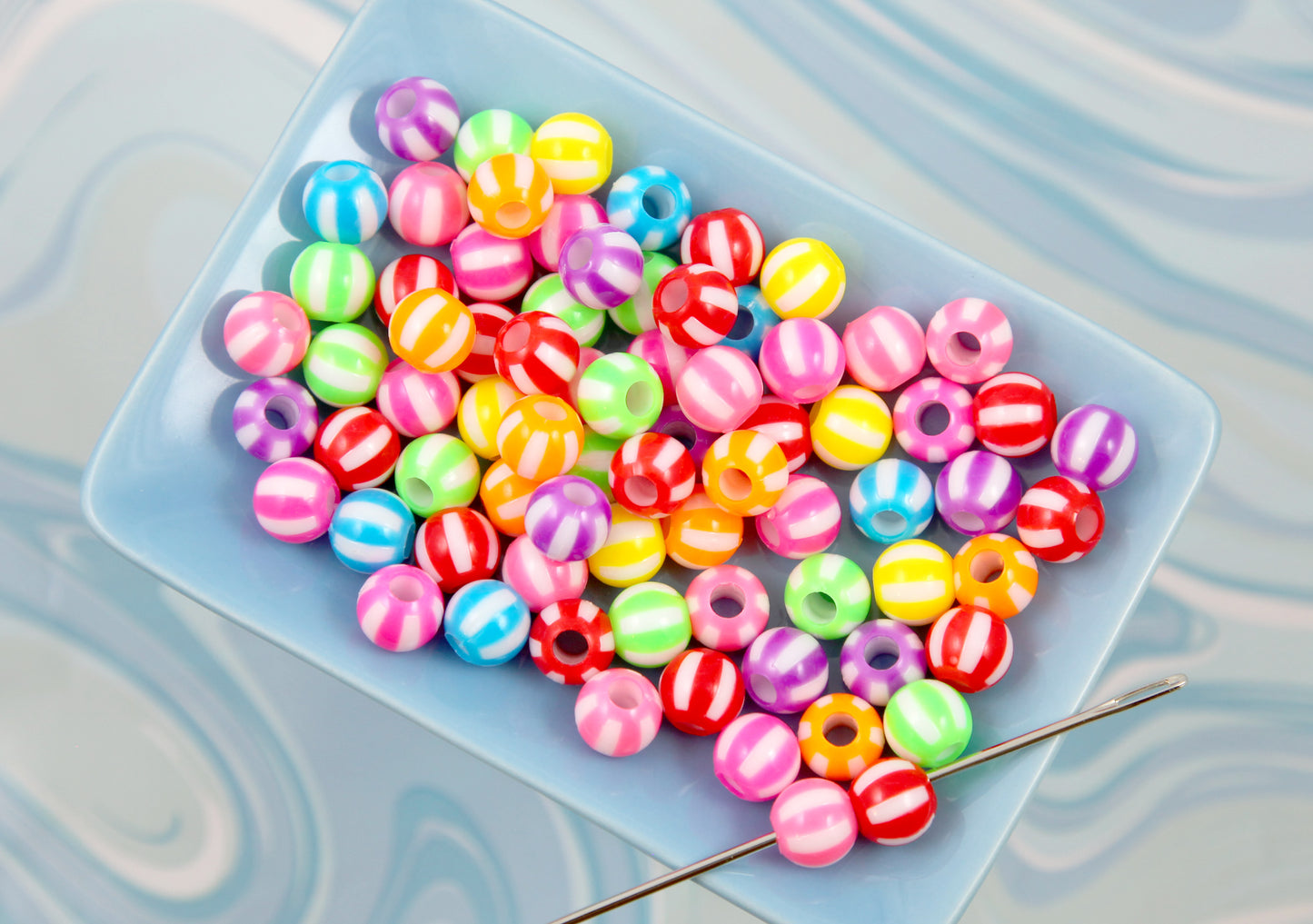 Striped Beads - 75 pieces - 12mm Bright Color Watermelon Stripe Plastic Beads with Large Holes, mixed color, Acrylic Beads