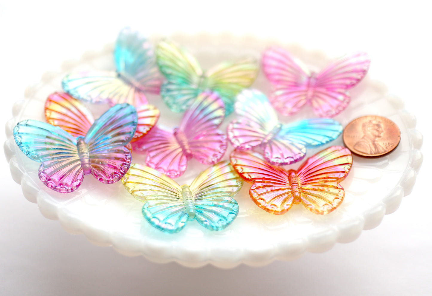 Butterfly Charms - 30mm Big AB Iridescent Butterfly Resin or Acrylic Plastic Charms or Pendants - 8 pc set