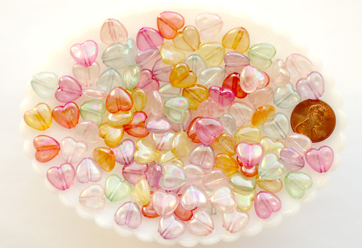 Heart Beads - 11mm AB Transparent Iridescent Puffy Heart Acrylic or Resin Beads - 100 pcs set
