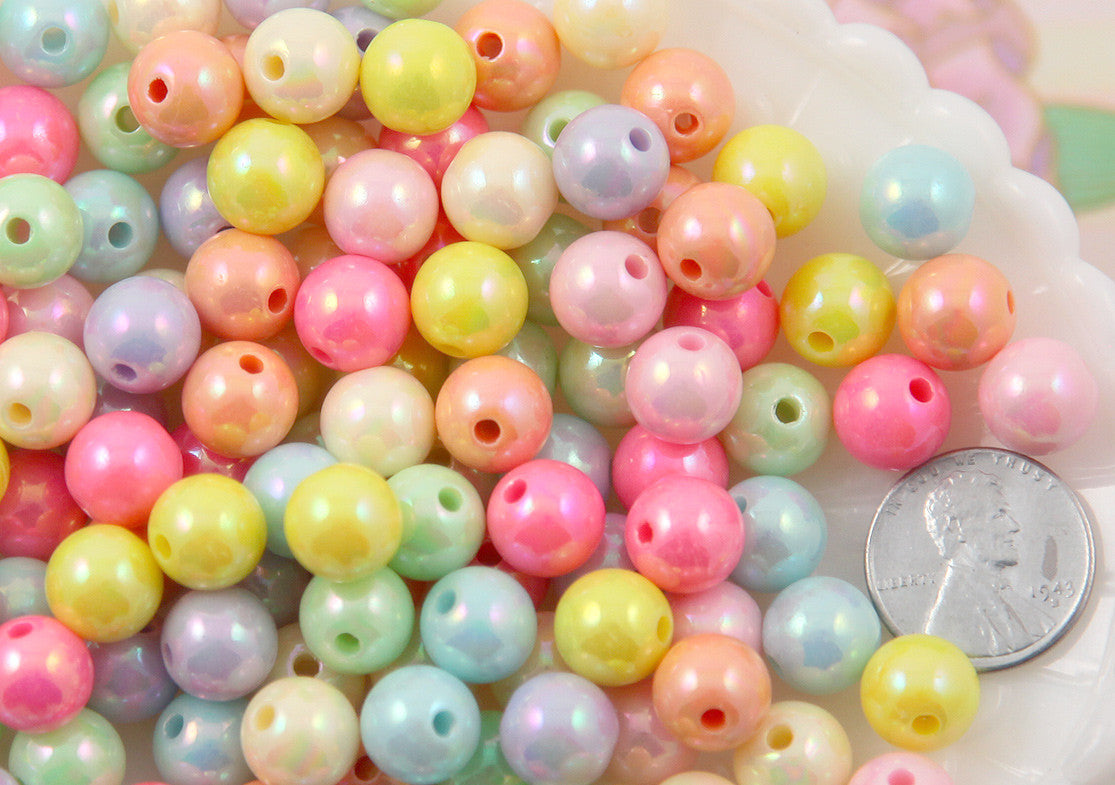 10mm Ice Cream Pastel Colors Shiny AB Iridescent Small Round Shape Plastic or Acrylic Beads - 100 pcs set
