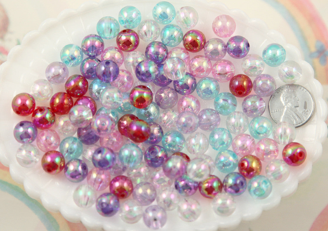 10mm Iridescent Pastel AB Mix Translucent Acrylic or Resin Beads - 100 pc set