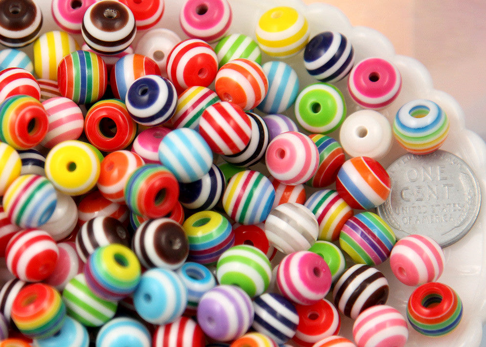 10mm Striped Resin Beads, mixed color, small size beads - 80 pcs set