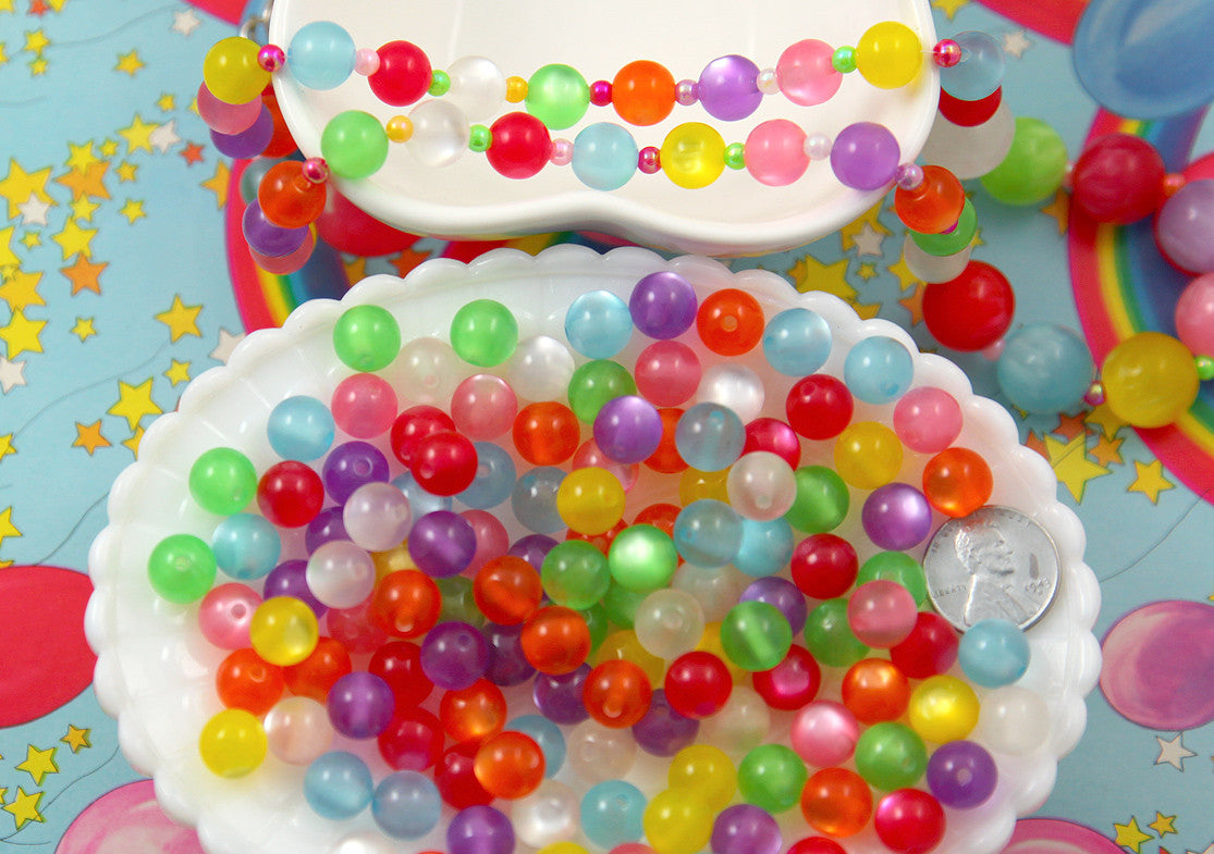 Kawaii Beads - 10mm Colorful Moonglow Pearly Acrylic or Resin Beads - 100 pc set