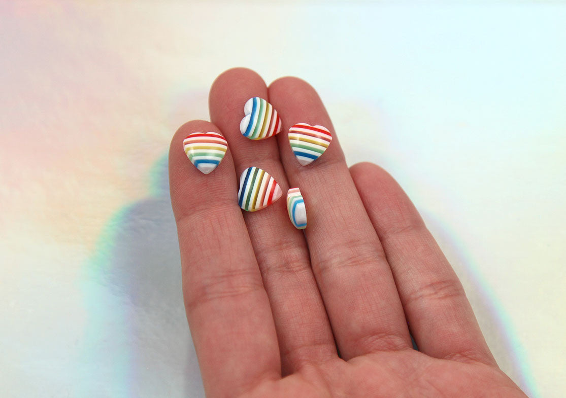 10mm Tiny White Rainbow Striped Hearts Resin Flatback Cabochons - 30 pc set