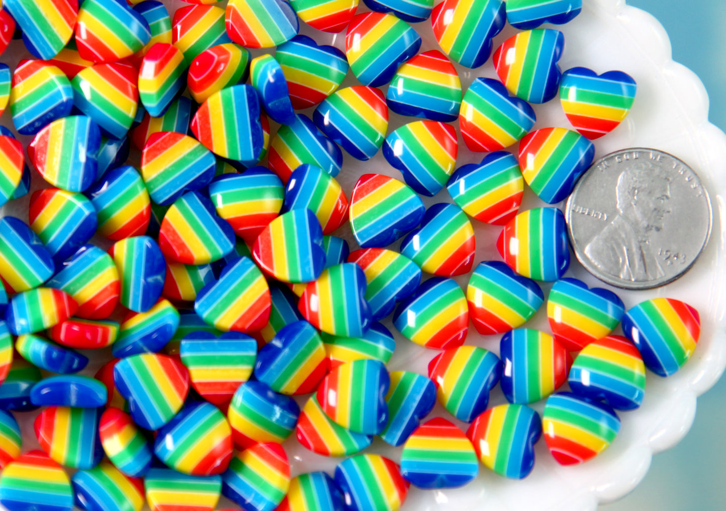 Tiny Rainbow Hearts - 10mm Tiny Classic Rainbow Striped Hearts Resin Flatback Cabochons - 12 pc set