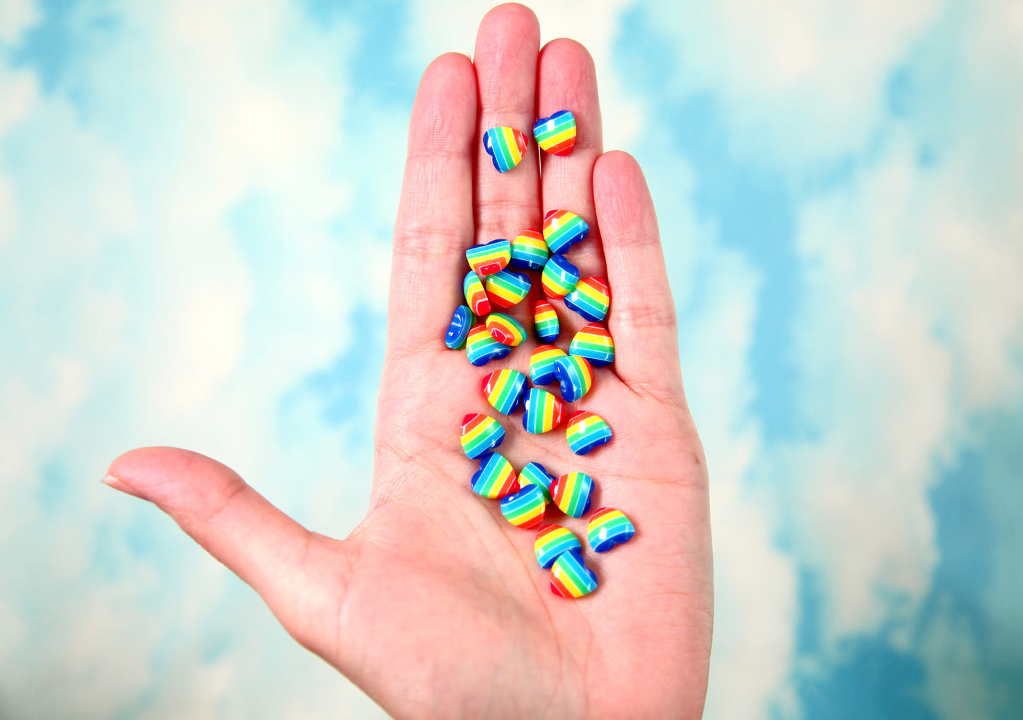 Tiny Rainbow Hearts - 10mm Tiny Classic Rainbow Striped Hearts Resin Flatback Cabochons - 12 pc set