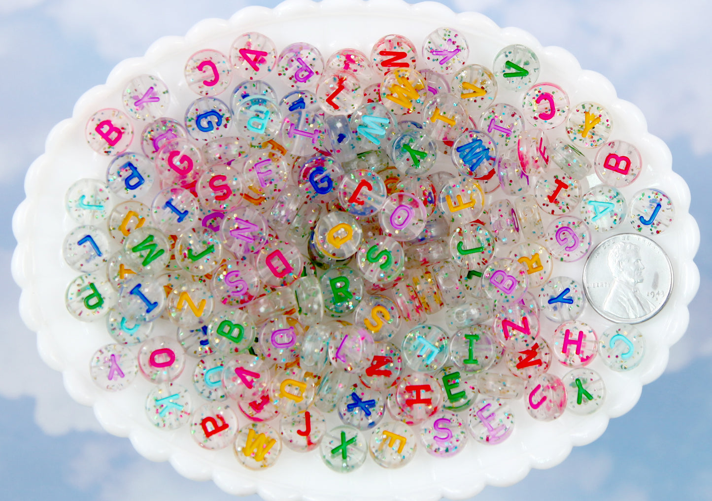 Big Letter Beads - 10mm Large Glitter Translucent Alphabet Acrylic or Resin Beads - 170 pc set