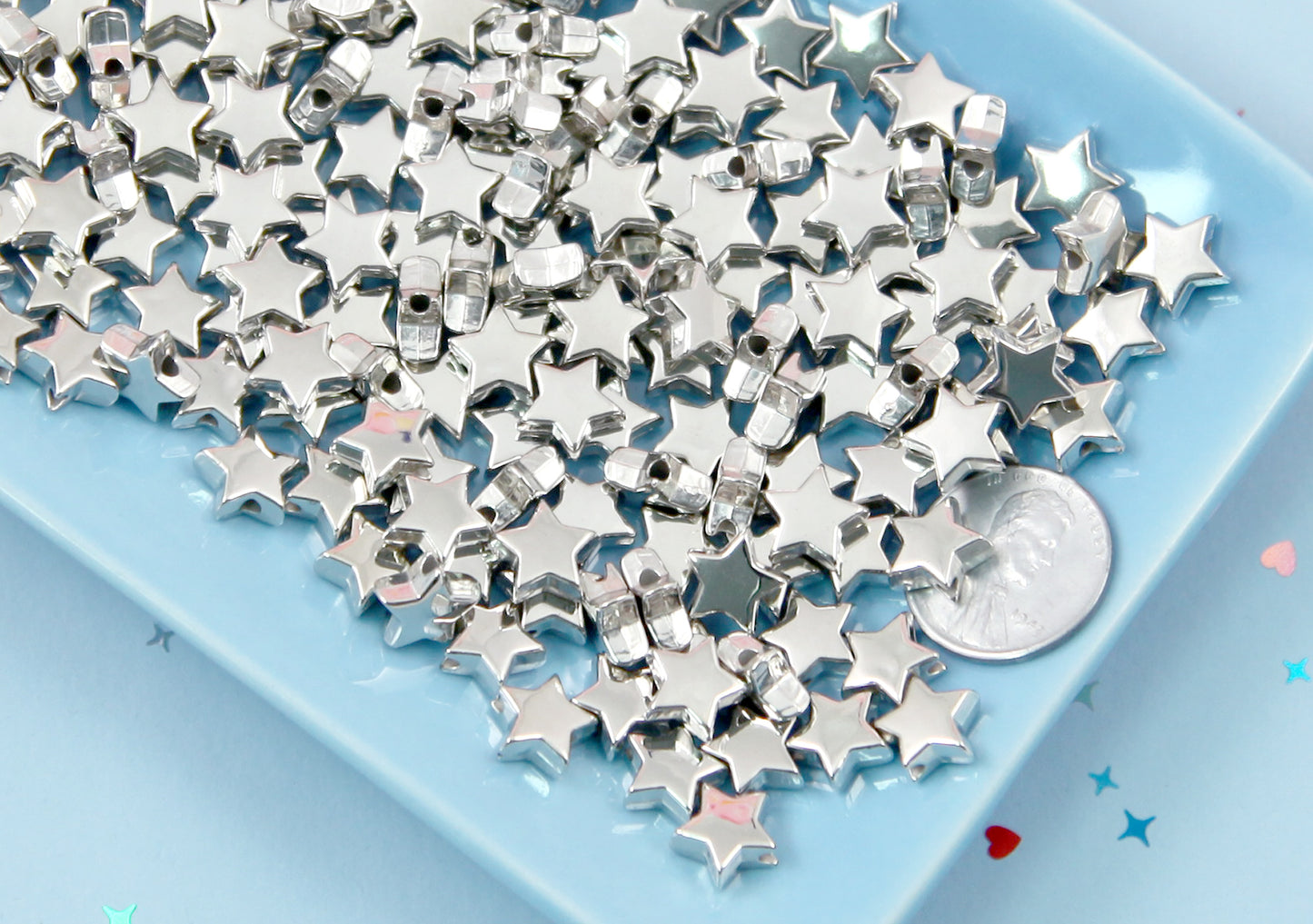 Silver Star Beads - 100 pcs - 10mm Small Star Bead - Electroplated Silver - Easily make any kind of jewelry