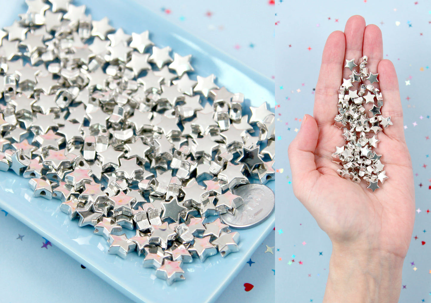 Silver Star Beads - 100 pcs - 10mm Small Star Bead - Electroplated Silver - Easily make any kind of jewelry