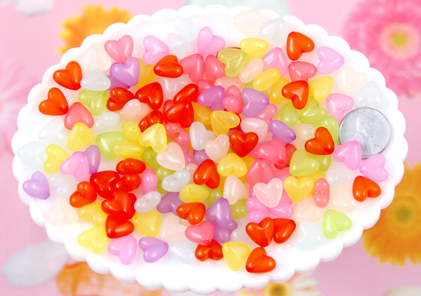 Jelly Heart Beads - 10mm Small Jelly Color Hearts Bead Translucent Rounded Plastic Acrylic or Resin Heart Beads - 150 pc set