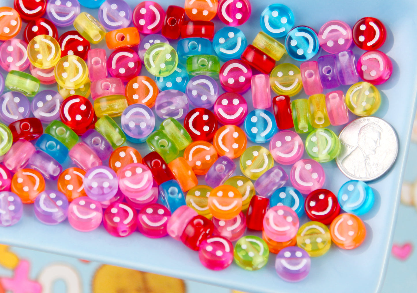 Happy Face Beads - 10mm Translucent Smile Shape Acrylic or Resin Beads - 100 pc set