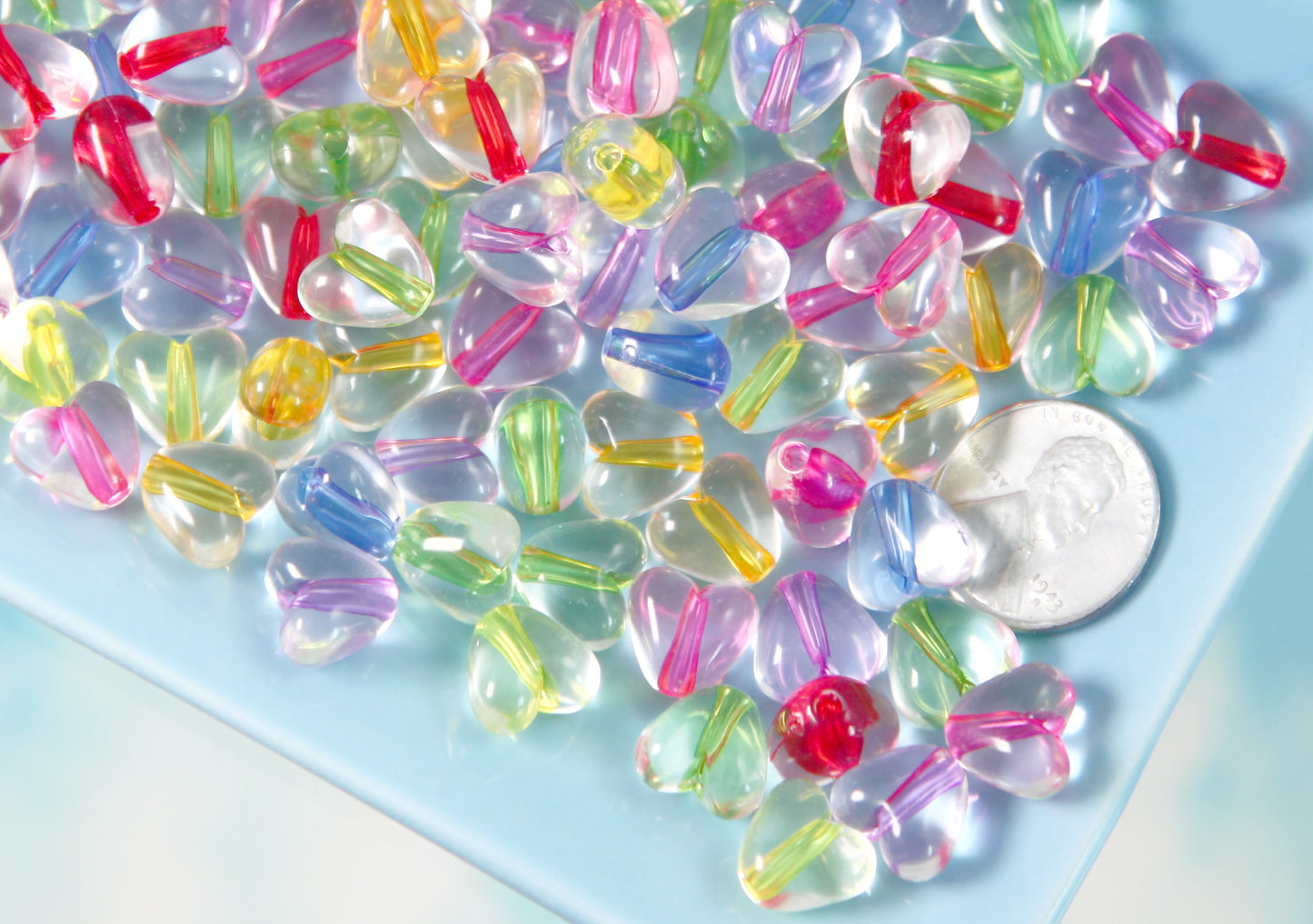Heart Beads - 10mm Transparent with Colorful Core Heart Acrylic or Resin Beads - 100 pcs set