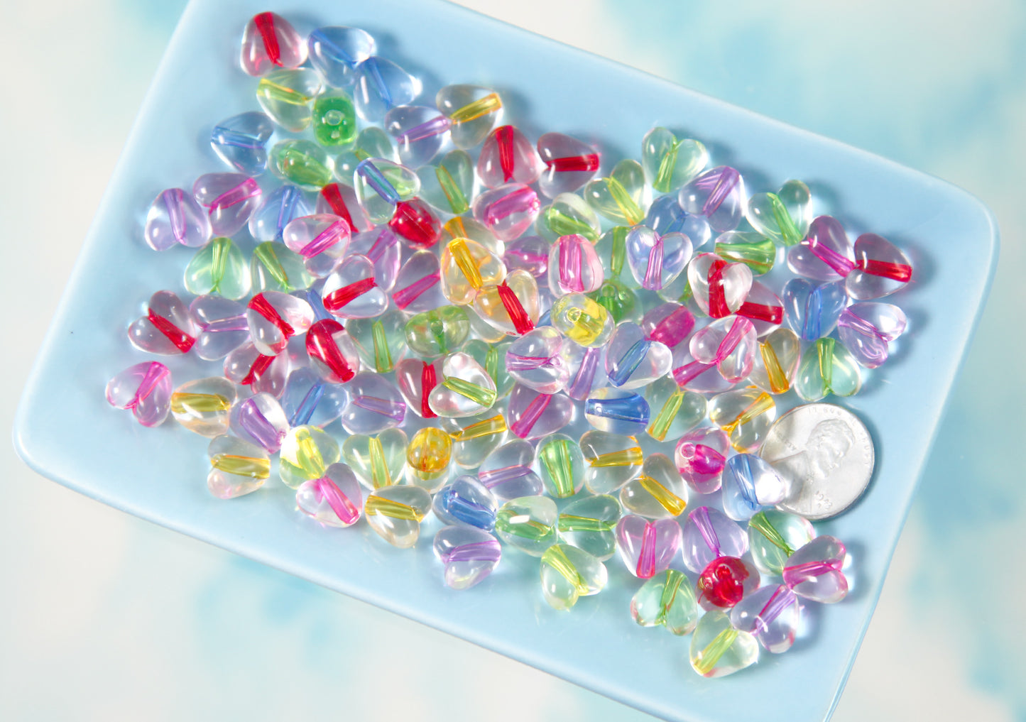 Heart Beads - 10mm Transparent with Colorful Core Heart Acrylic or Resin Beads - 100 pcs set