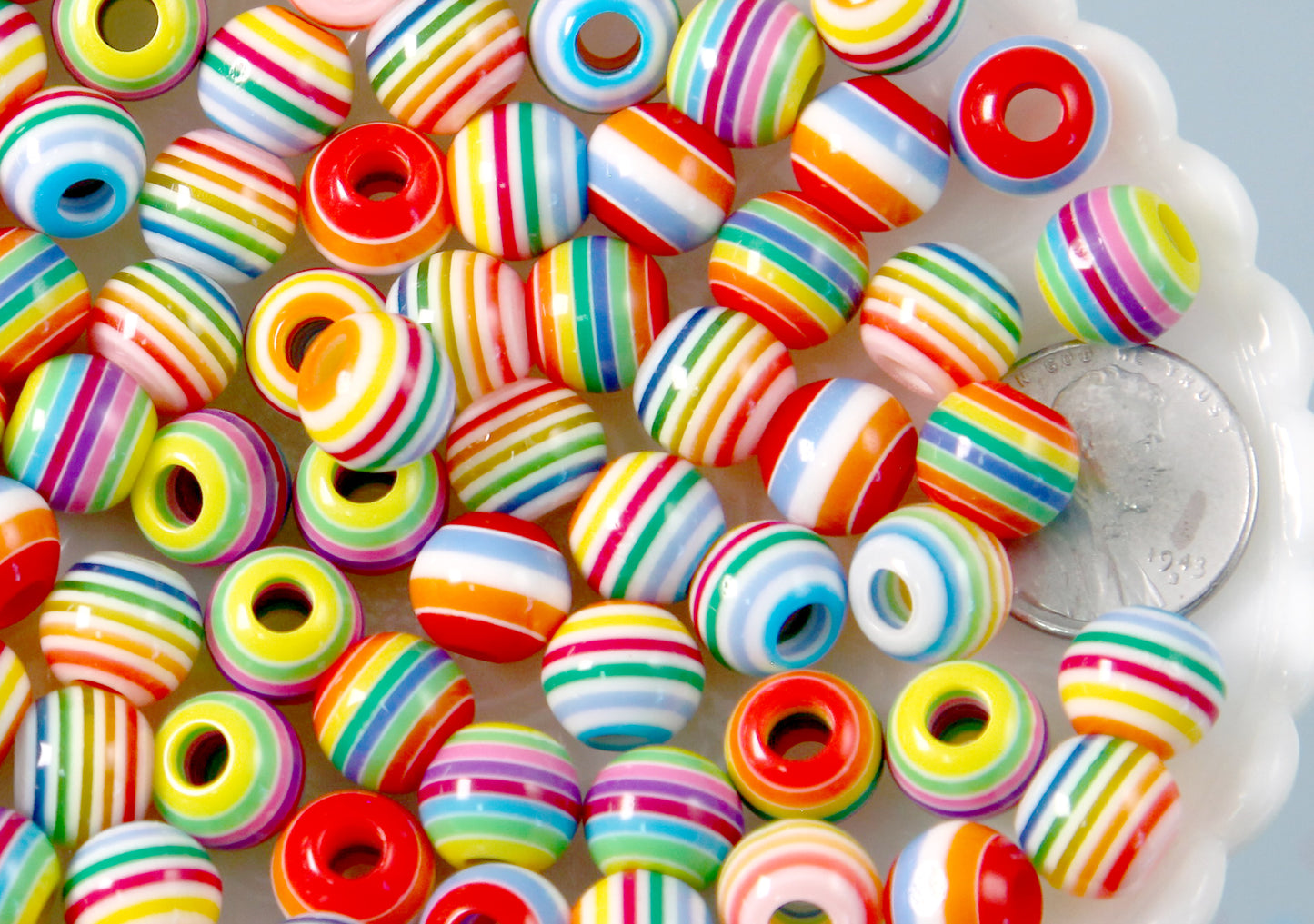 Striped Resin Beads - 10mm Large Hole Small Striped Resin or Acrylic Beads, mixed color, small size beads - 100 pc set