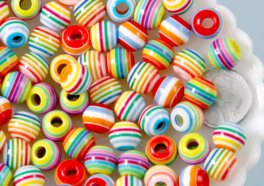 Striped Resin Beads - 10mm Large Hole Small Striped Resin or Acrylic Beads, mixed color, small size beads - 100 pc set