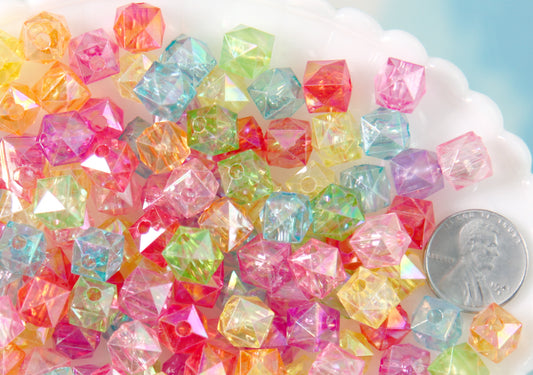 Cube Beads - 10mm AB Transparent Faceted Cube Acrylic Square Transparent Plastic Beads - 100 pc set