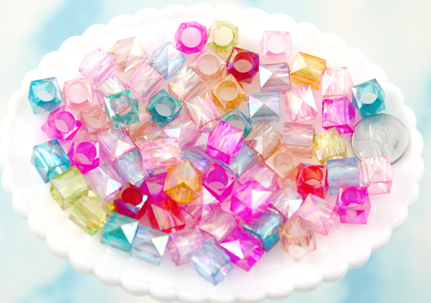 Cube Beads - 11mm Large Hole Pastel Faceted AB Cube Square Transparent Acrylic or Plastic Beads - 100 pc set