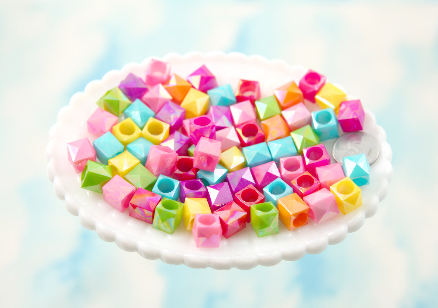 Cube Beads - 11mm Large Hole Opaque Faceted AB Cube Square Acrylic or Plastic Beads - 100 pc set