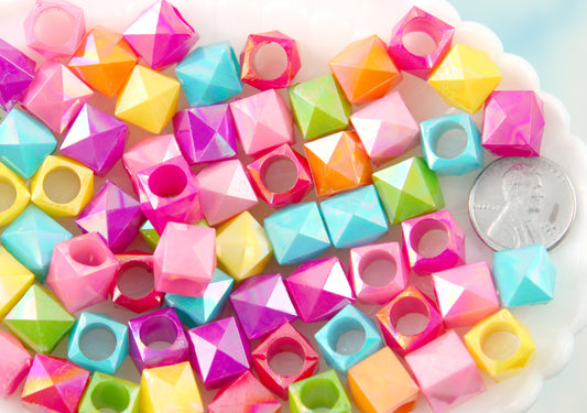 Cube Beads - 11mm Large Hole Opaque Faceted AB Cube Square Acrylic or Plastic Beads - 100 pc set