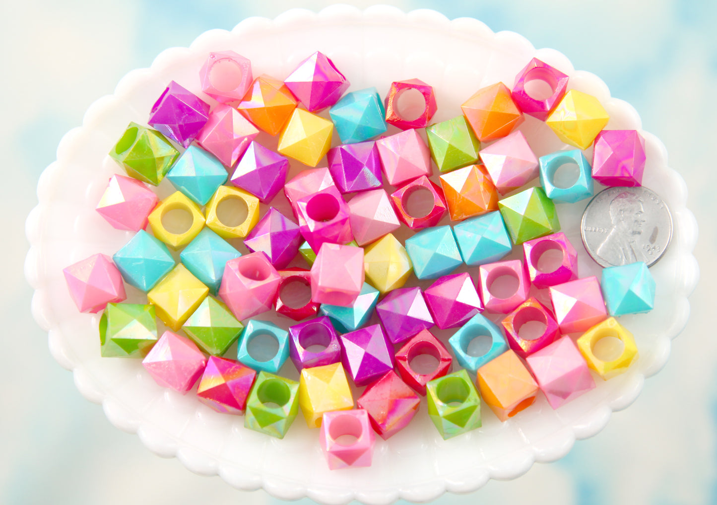 Cube Beads - 11mm Large Hole Opaque Faceted AB Cube Square Acrylic or Plastic Beads - 100 pc set