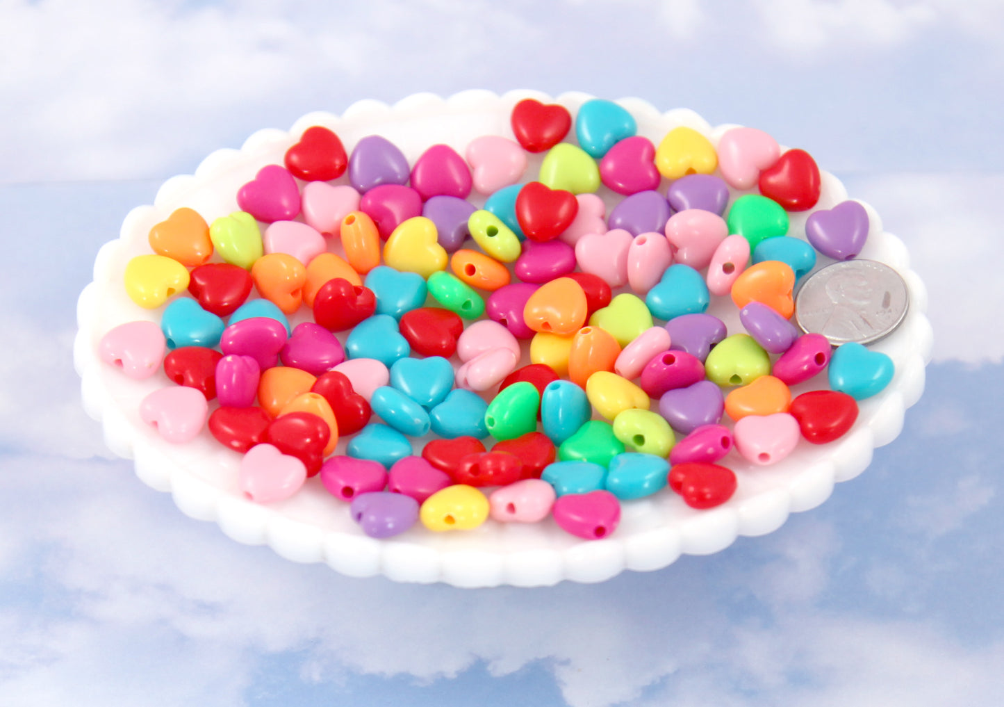 Plastic Heart Beads - 11mm Small Bright Color Plastic Puffy Heart Resin or Acrylic Beads - 100 pc set