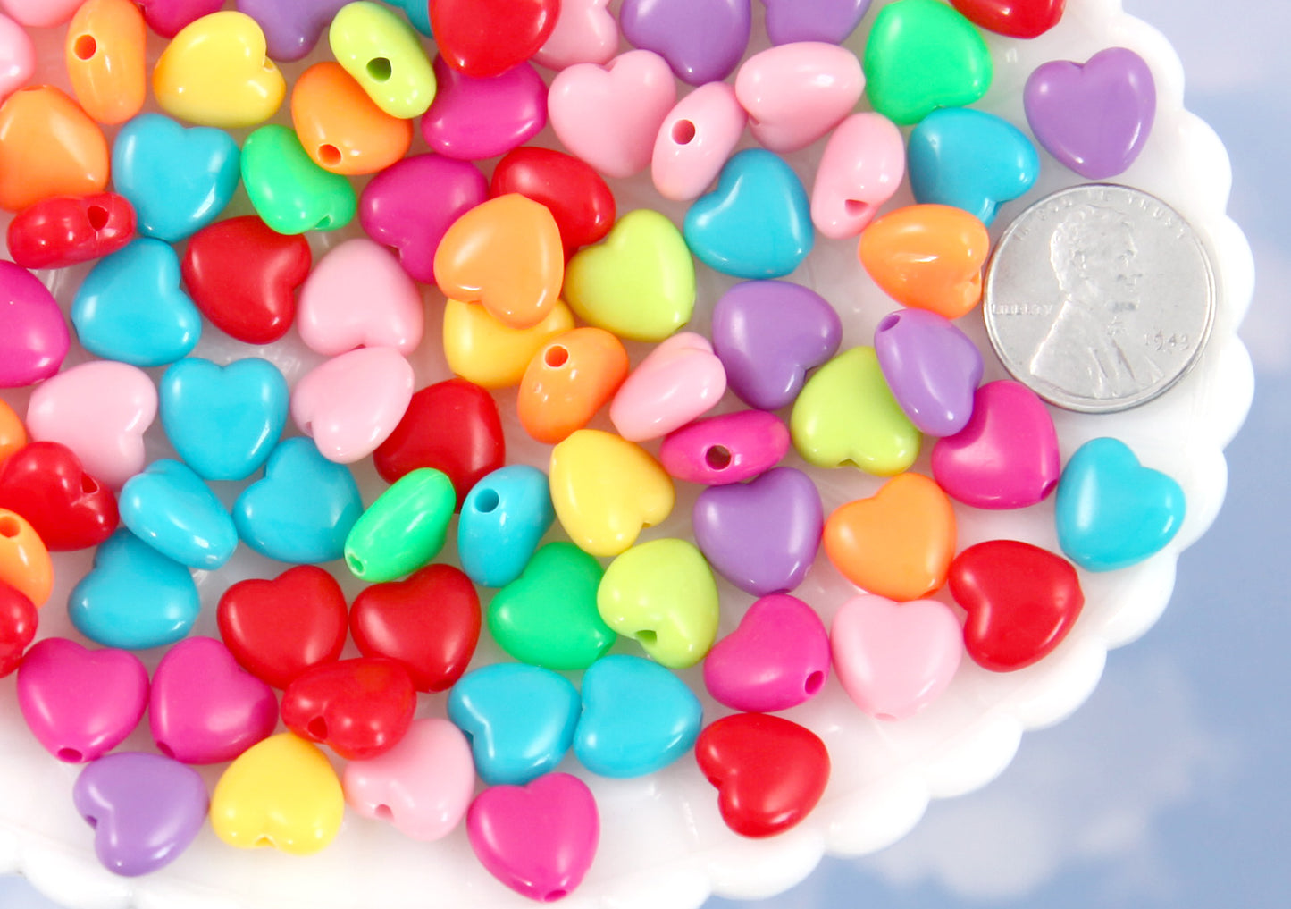 Plastic Heart Beads - 11mm Small Bright Color Plastic Puffy Heart Resin or Acrylic Beads - 100 pc set