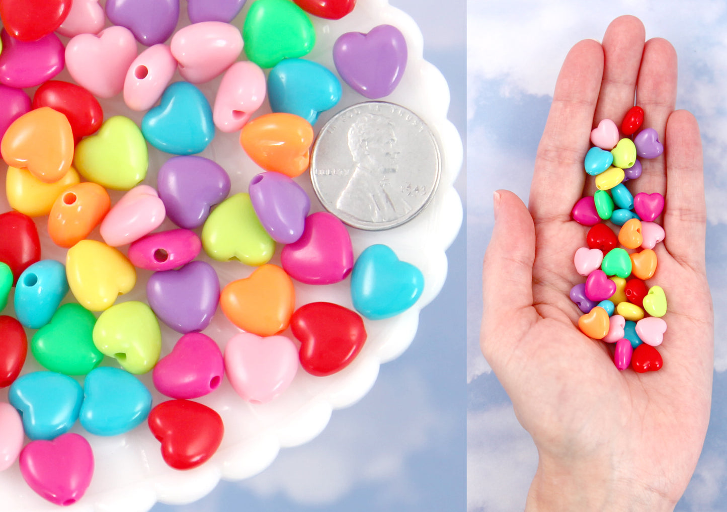 Plastic Heart Beads - 11mm Small Bright Color Plastic Puffy Heart Resin or Acrylic Beads - 100 pc set