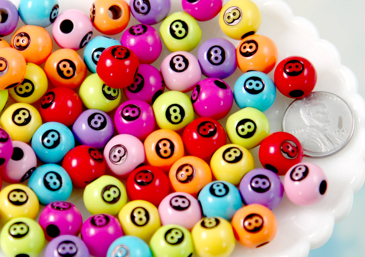 Colorful 8ball Beads - 10mm 8-ball Mixed Color with Black Round Billiard Eight Ball Pool Ball Acrylic or Resin Beads - 65 pc set