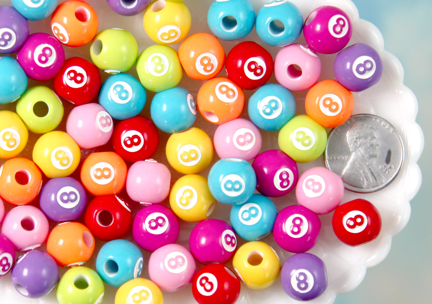Colorful 8ball Beads - 10mm 8-ball Mixed Color with White Round Billiard Eight Ball Pool Ball Acrylic or Resin Beads - 65 pc set