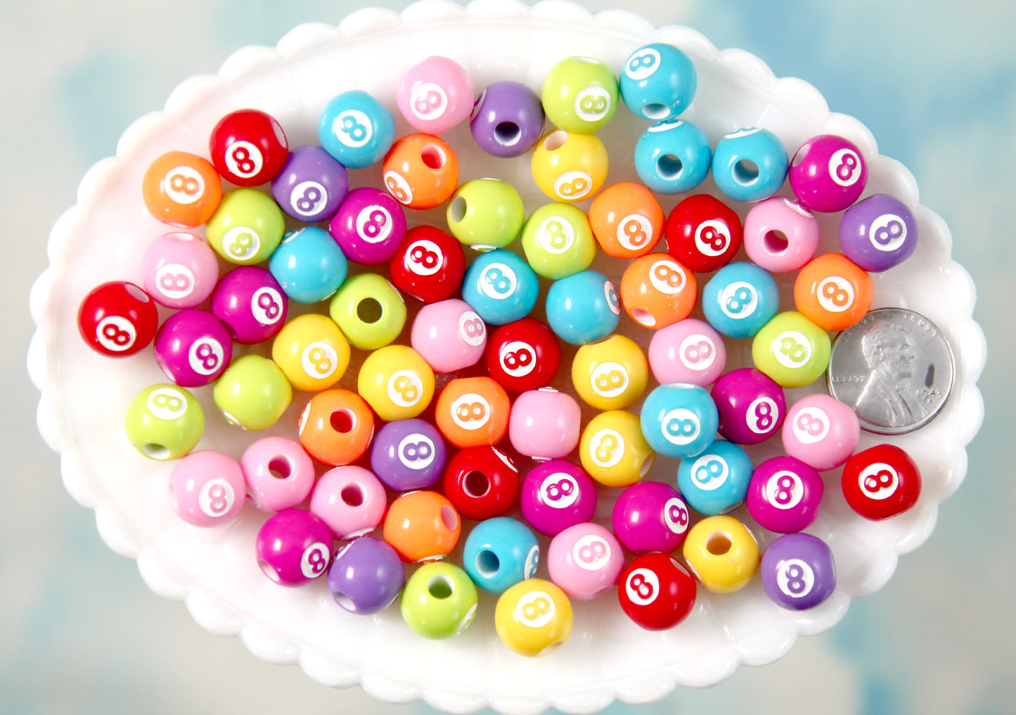 Colorful 8ball Beads - 10mm 8-ball Mixed Color with White Round Billiard Eight Ball Pool Ball Acrylic or Resin Beads - 65 pc set