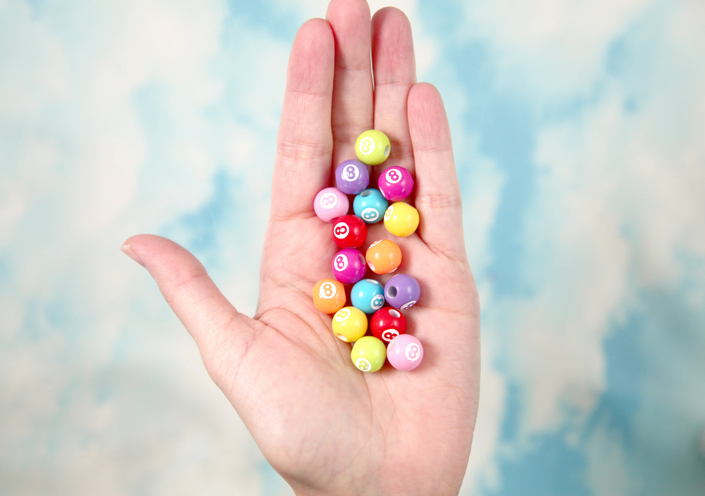 Colorful 8ball Beads - 10mm 8-ball Mixed Color with White Round Billiard Eight Ball Pool Ball Acrylic or Resin Beads - 65 pc set