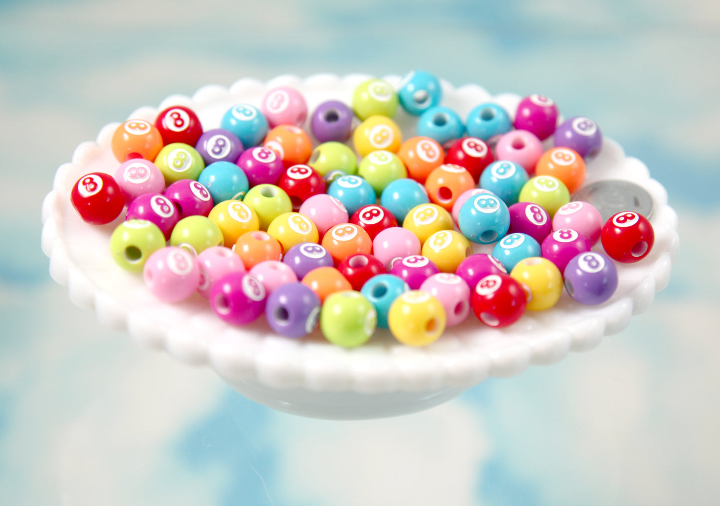 Colorful 8ball Beads - 10mm 8-ball Mixed Color with White Round Billiard Eight Ball Pool Ball Acrylic or Resin Beads - 65 pc set