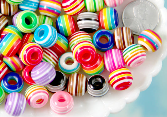 Large Hole Resin Beads - 12mm Striped Resin Beads with Large Holes, mixed color, medium size beads - 60 pc set