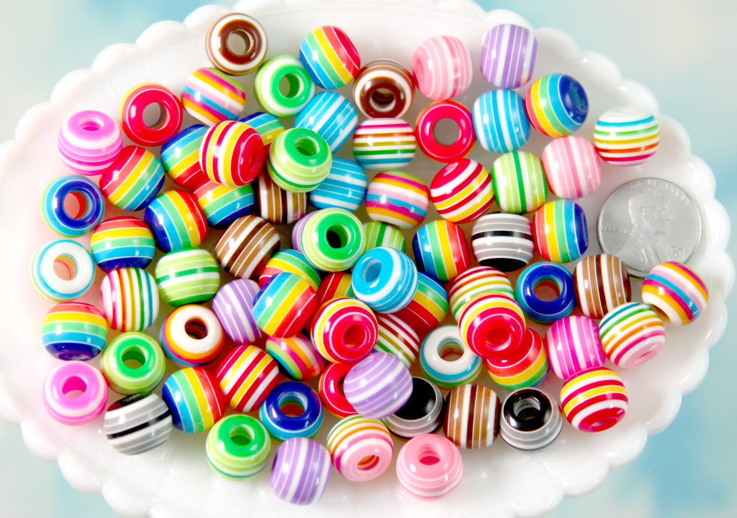 Large Hole Resin Beads - 12mm Striped Resin Beads with Large Holes, mixed color, medium size beads - 60 pc set