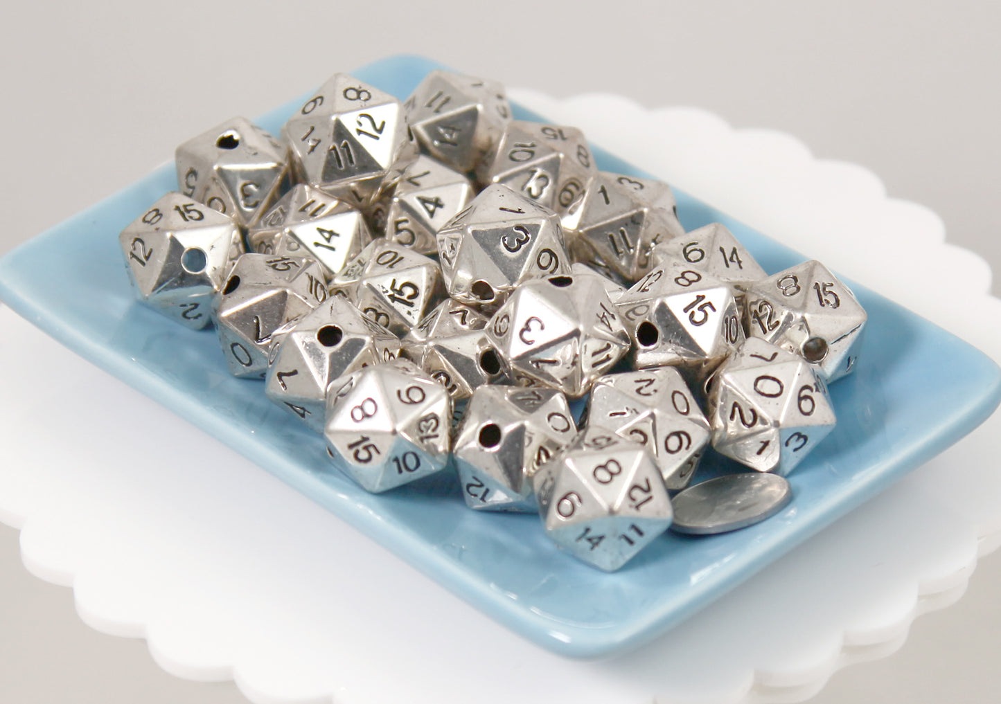 D20 Beads - 10 pc set - 20mm Polyhedral Dice Beads D12 D16 DND Beads - Electroplated Silver - Drilled with Holes to Easily make Jewelry