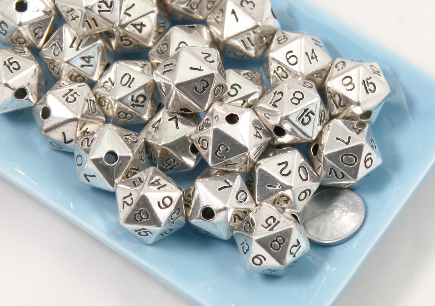 D20 Beads - 10 pc set - 20mm Polyhedral Dice Beads D12 D16 DND Beads - Electroplated Silver - Drilled with Holes to Easily make Jewelry