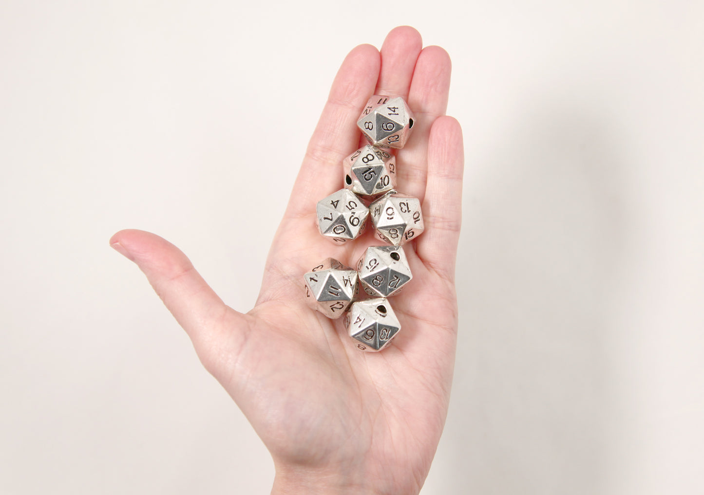 D20 Beads - 10 pc set - 20mm Polyhedral Dice Beads D12 D16 DND Beads - Electroplated Silver - Drilled with Holes to Easily make Jewelry