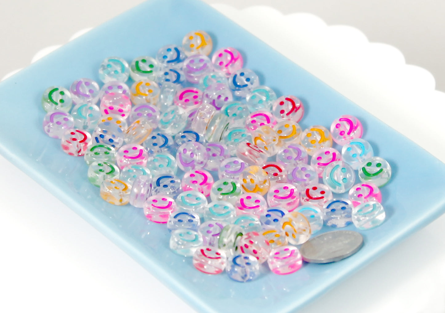 Happy Face Beads - 10mm Glitter Translucent Smile Shape Acrylic or Resin Beads - 100 pc set