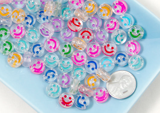 Happy Face Beads - 10mm Glitter Translucent Smile Shape Acrylic or Resin Beads - 100 pc set