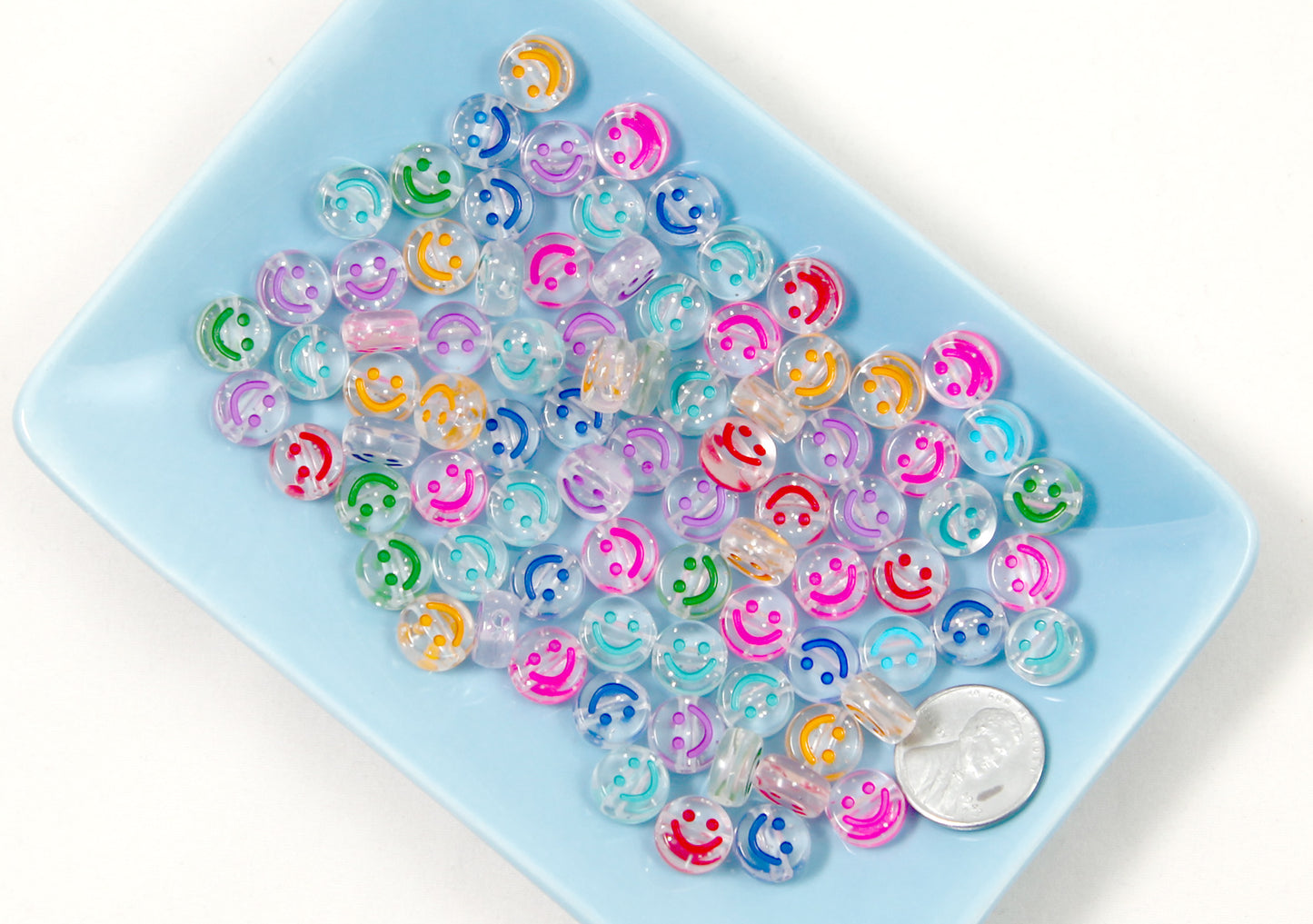 Happy Face Beads - 10mm Glitter Translucent Smile Shape Acrylic or Resin Beads - 100 pc set