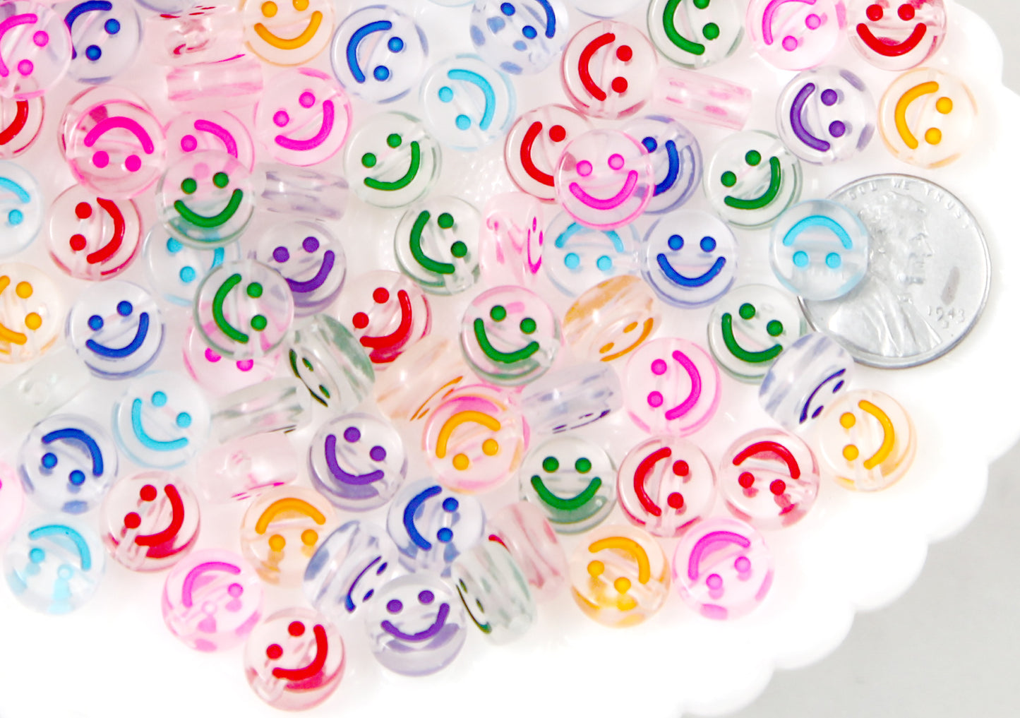Happy Face Beads - 10mm Clear Transparent Smile Shape Acrylic or Resin Beads - 100 pc set