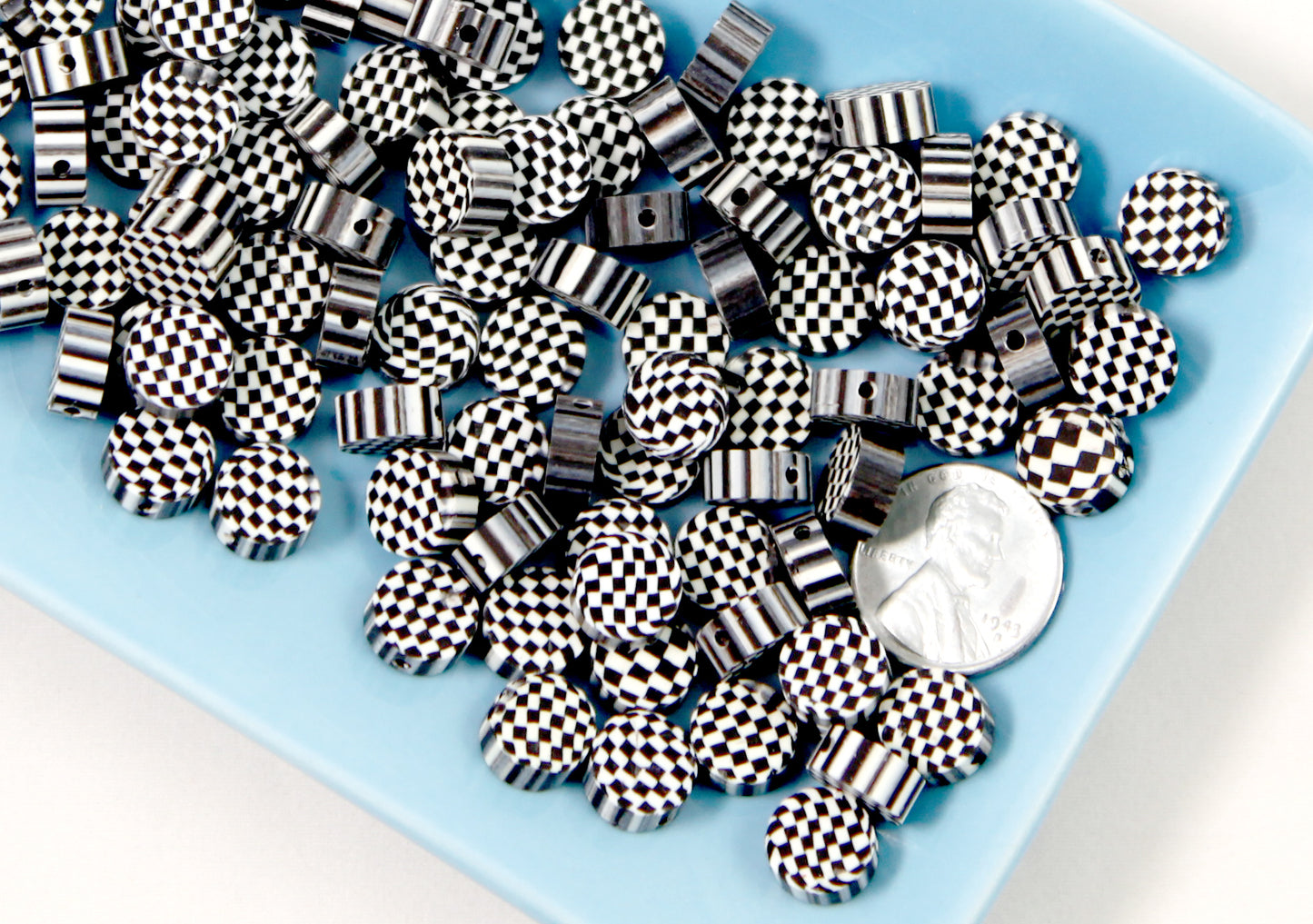 Checker Beads - 10mm Checkerboard Black and White Fimo or Polymer Clay Beads - 50 pc set