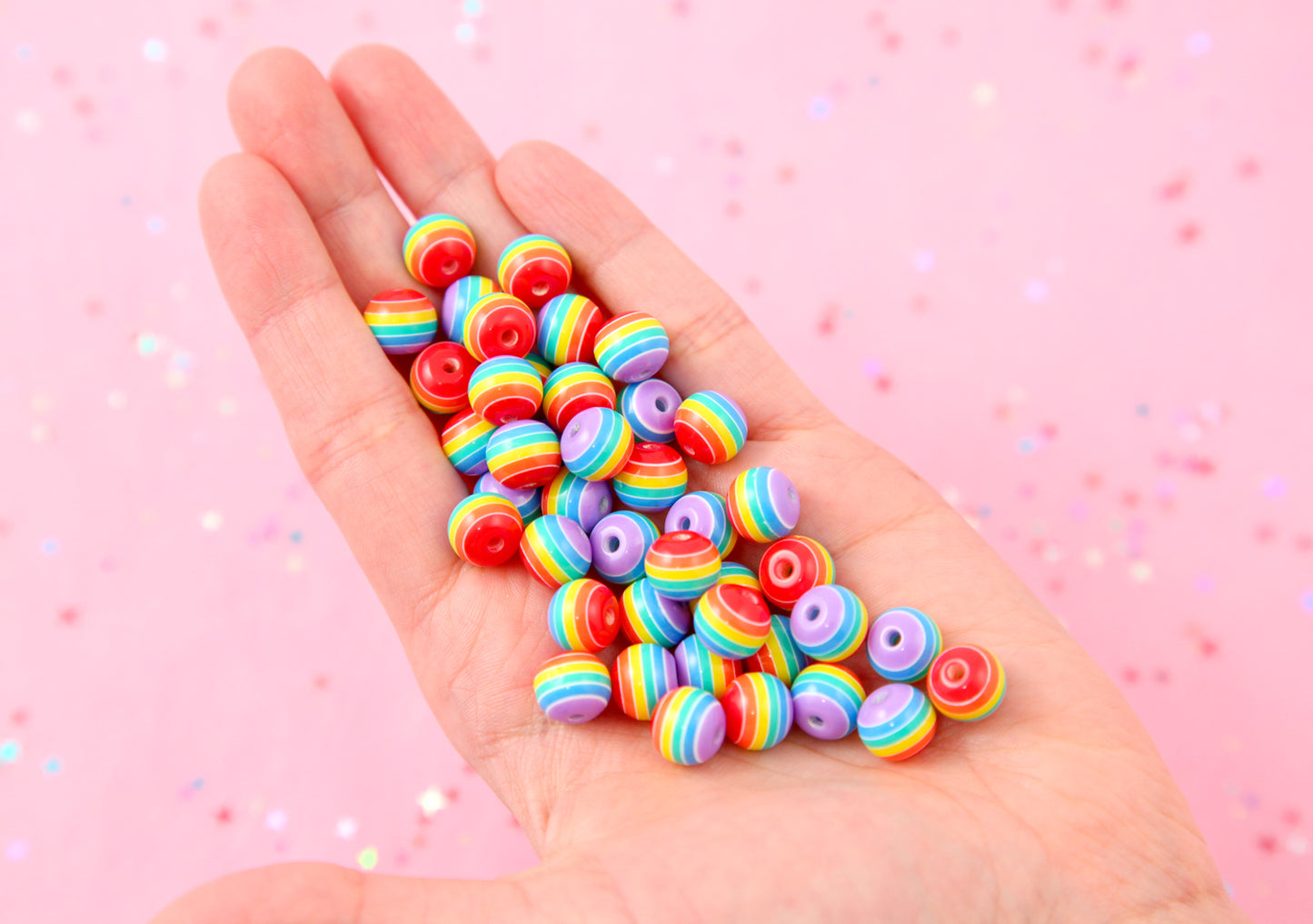 Rainbow Beads - 10mm Opaque Rainbow Striped Resin Beads with Purple, small size beads - 80 pc set
