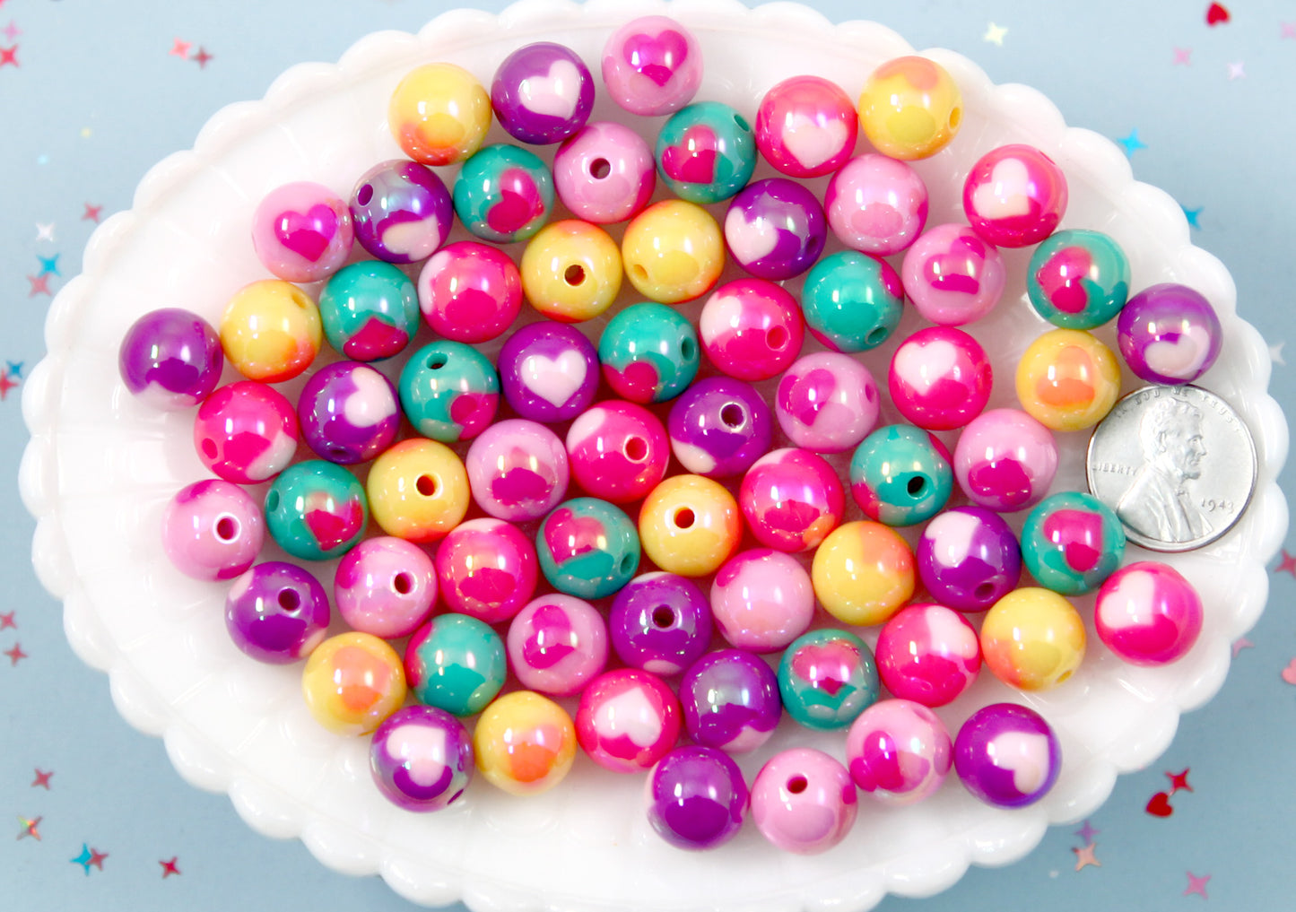 Heart Resin Beads - 12mm Small Inlaid Heart Pattern Gumball Bubblegum Resin or Acrylic Beads - 25 pcs set